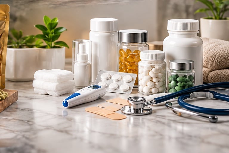 Healthcare and wellness products arranged in a clean clinical setting