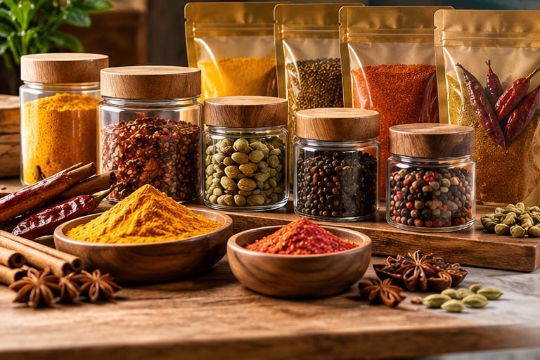 Packaged spices, spice jars, and colorful masala ingredients