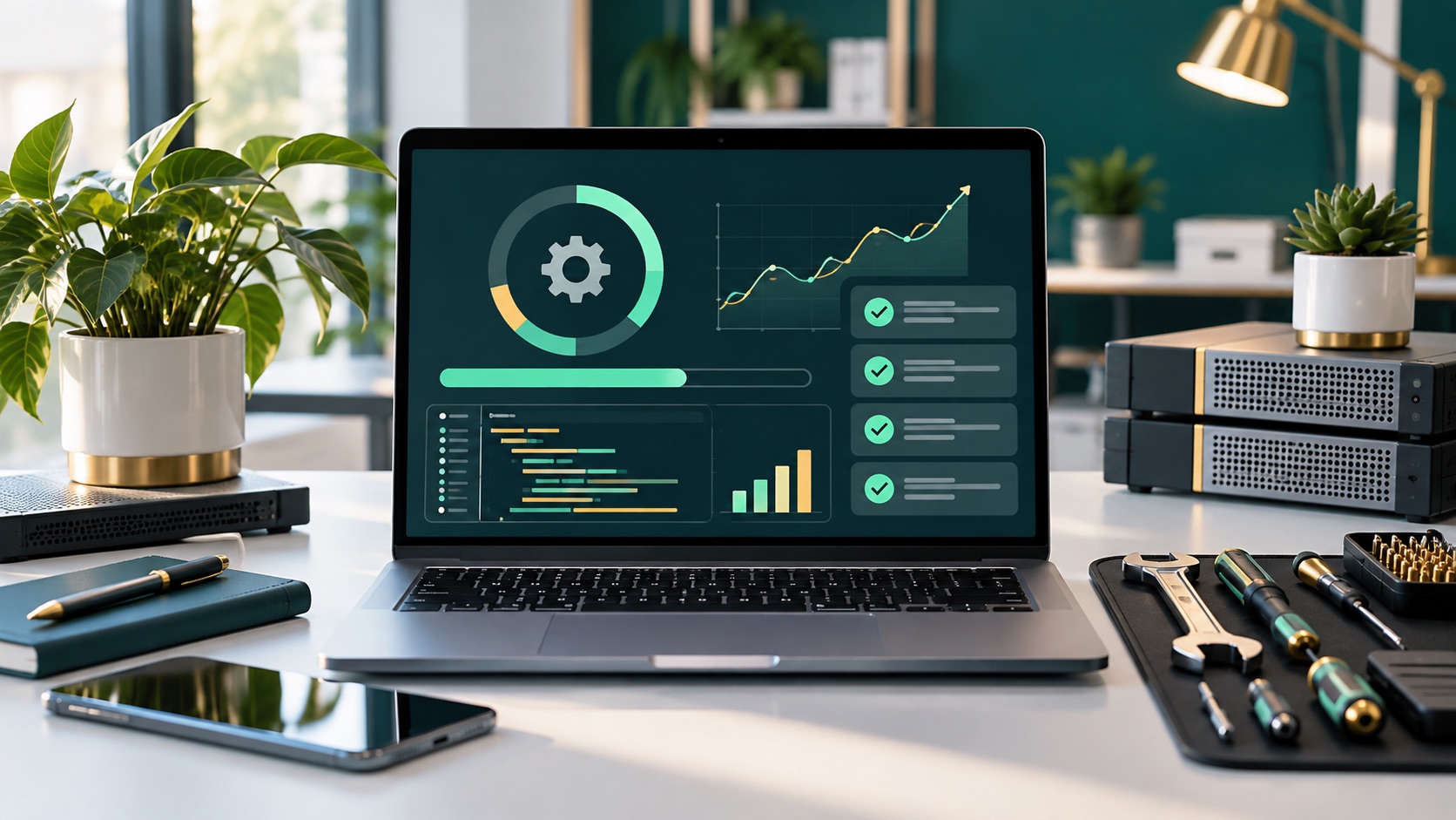 Website maintenance dashboard with performance, update, and checklist visuals